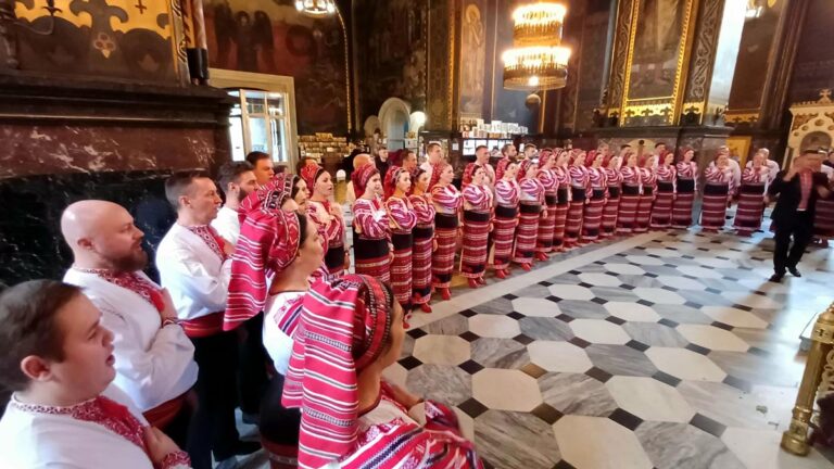 The National Honored Academic Choir of Ukraine named after Hryhoriy Veriovka performs the State Anthem of Ukraine during the church consecration ceremony of the Grand Coat of Arms sculpture at St. Volodymyr's Cathedral in Kyiv on November 1, 2023