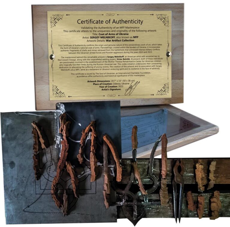 Artworks by MFF are accompanied by an original certificate of authenticity, laser-engraved on an A4-sized stainless steel plate. The plate is mounted on an elegant base made of fine hardwood.