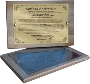 Artworks by MFF are accompanied by an original certificate of authenticity, laser-engraved on an A4-sized stainless steel plate. The plate is mounted on an elegant base made of fine hardwood.