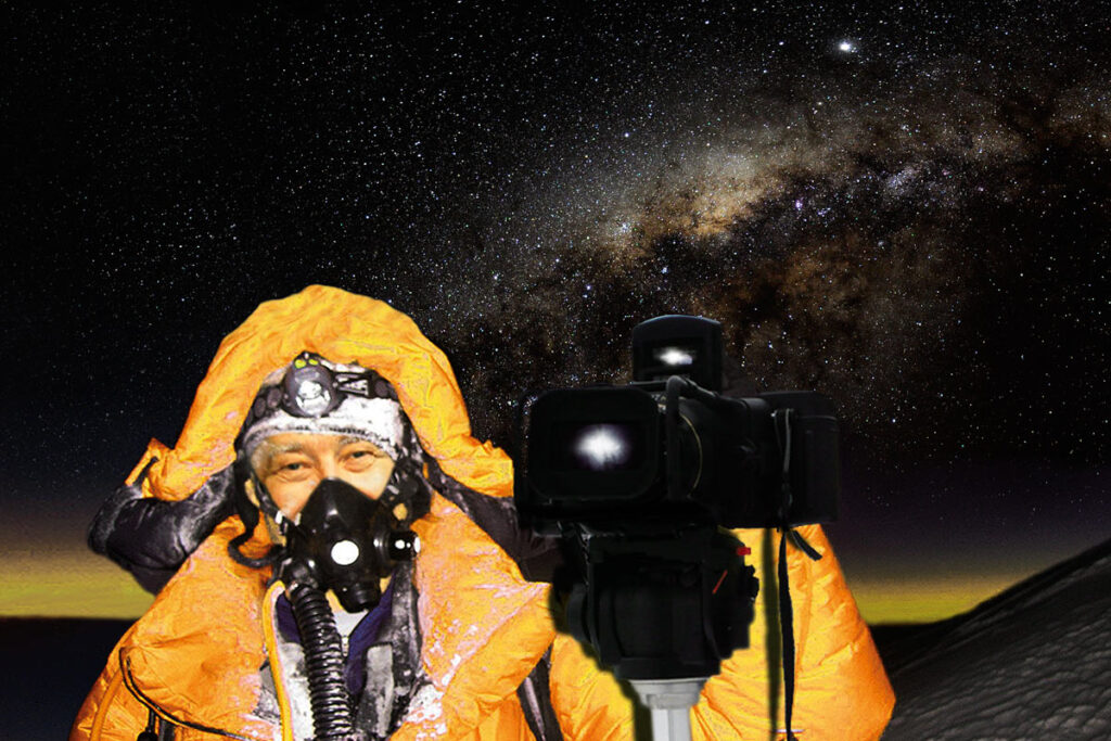 Photographer Sergey Melnikoff (MFF) atop Mount Everest with his renowned camera. Tibet, 1998.
