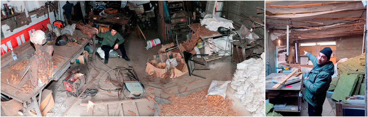 On the night of 19 December 2025, the artist’s studio was struck by the shockwave of a Russian Shahed drone that exploded just 20 metres from the building. The image shows Viktor Bielchyk amid the destruction left by the blast, bearing witness to the violence that reached even the place of creation.