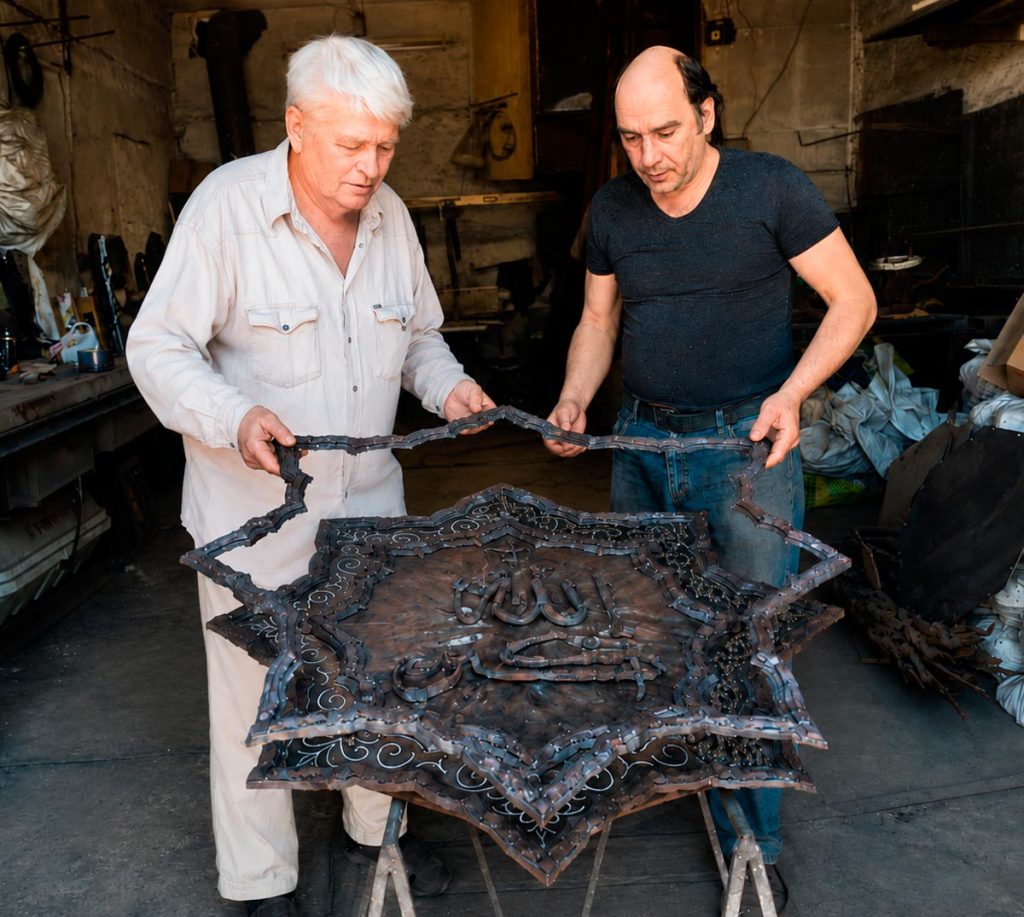 Sergey Melnikoff (MFF) and Viktor Bielchyk assemble components of the artwork "Allah al-Akbar".