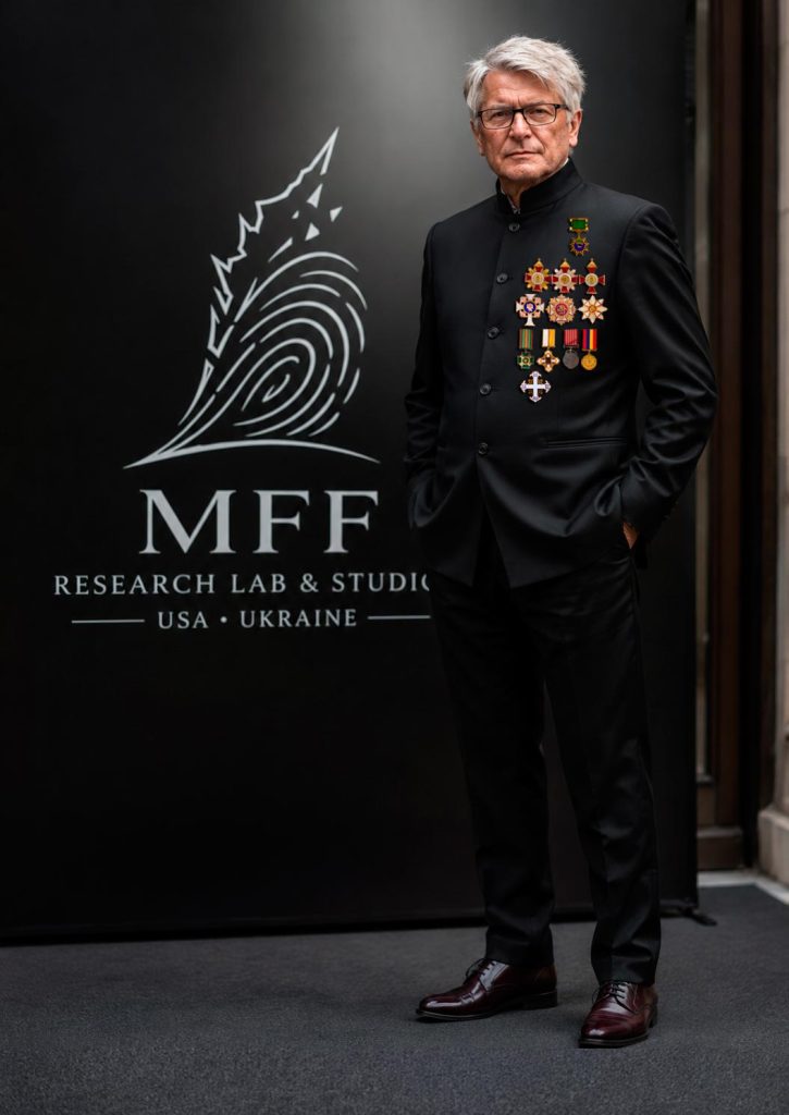 Sergey Melnikoff (MFF) in front of a promotional banner for his Odesa studio. The artist continues his work there under the constant threat of Russian drone and missile attacks.